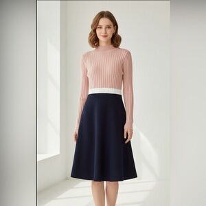 Elegant Pink and Navy Ribbed Knit Dress